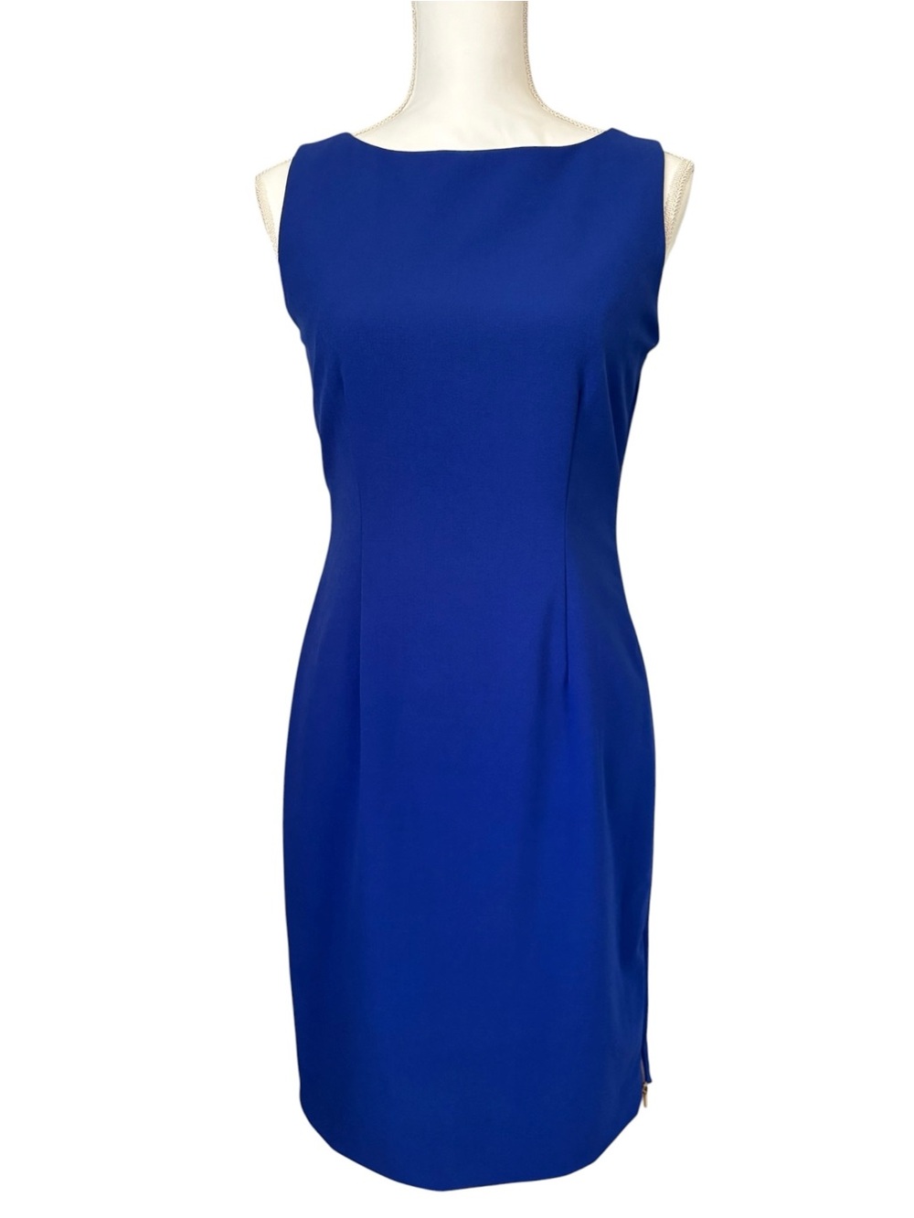 Calvin Klein Royal Blue Sleeveless Sheath Dress with Gold Side Zips Size 4